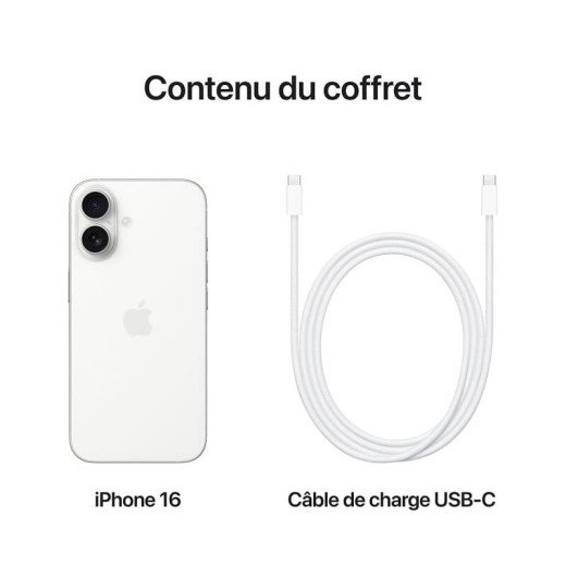 Apple iPhone 16 Simple  - 256Go - 6,1 pouces - Poids 170g - Blanc - Garantie 1an