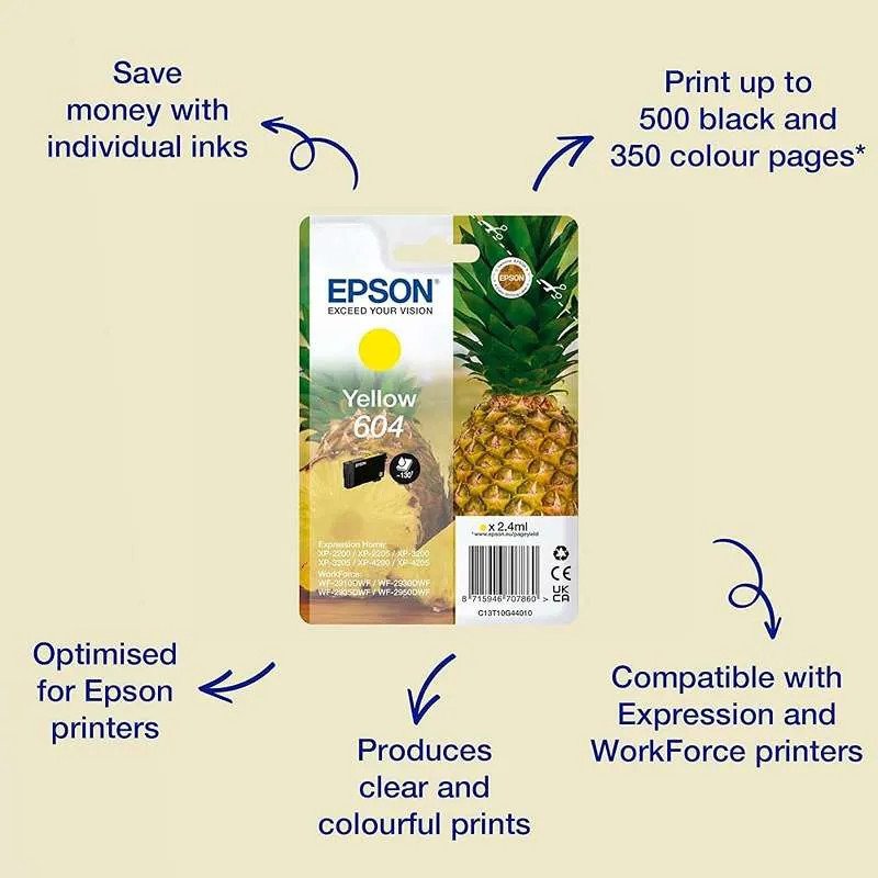 Epson série 604 Cartouches d’encre jaune Ananas Singlepack 2,4 ml qualité irréprochable.