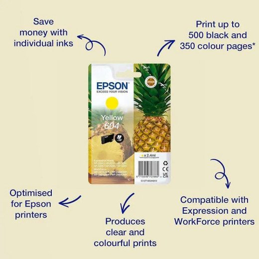 Epson série 604 Cartouches d’encre jaune Ananas Singlepack 2,4 ml qualité irréprochable.
