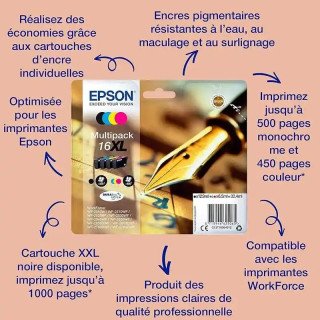 Epson série 16XL Cartouches d'encre multipack 4 couleurs Stylo Plume.