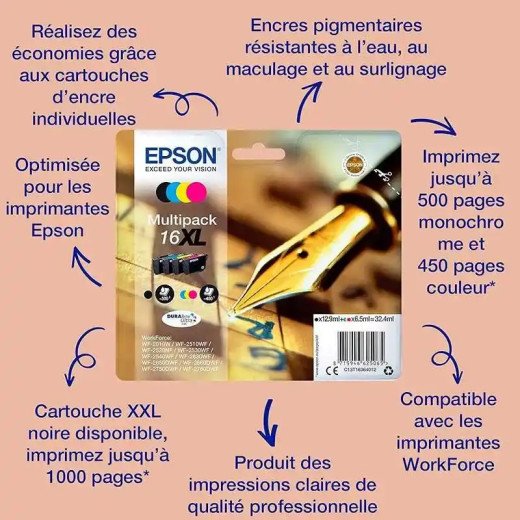 Epson série 16XL Cartouches d'encre multipack 4 couleurs Stylo Plume résultat authentique.