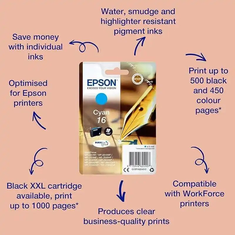 Epson série 16 Cartouches d'encre cyan Stylo Plume 3,1 ml.