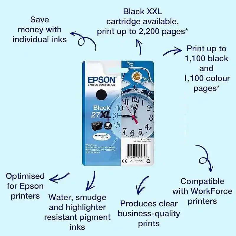 Epson série 27XL cartouches d'Encre noire DURABrite Ultra Réveil 17,7 ml.