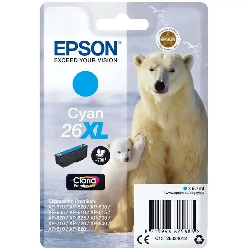 Epson série 26XL cartouche d'encre cyan Ours Polaire 9,7 ml.