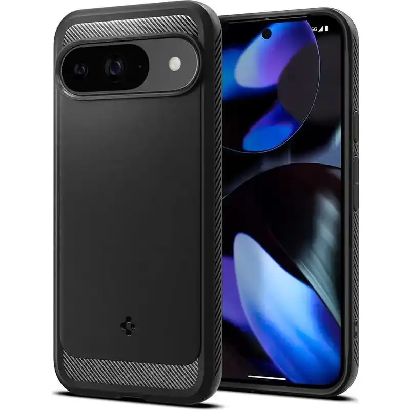 Google pixel étui noir Rugged Armor Spigen pour Pixel 9, 9 Pro et 9 Pro XL.