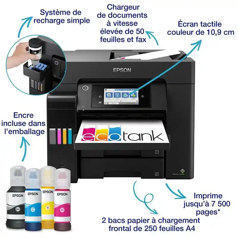 Epson  ET-5855  solution d’impression A4 EcoTank avec Wi-Fi, réservoirs d’encre et fax.