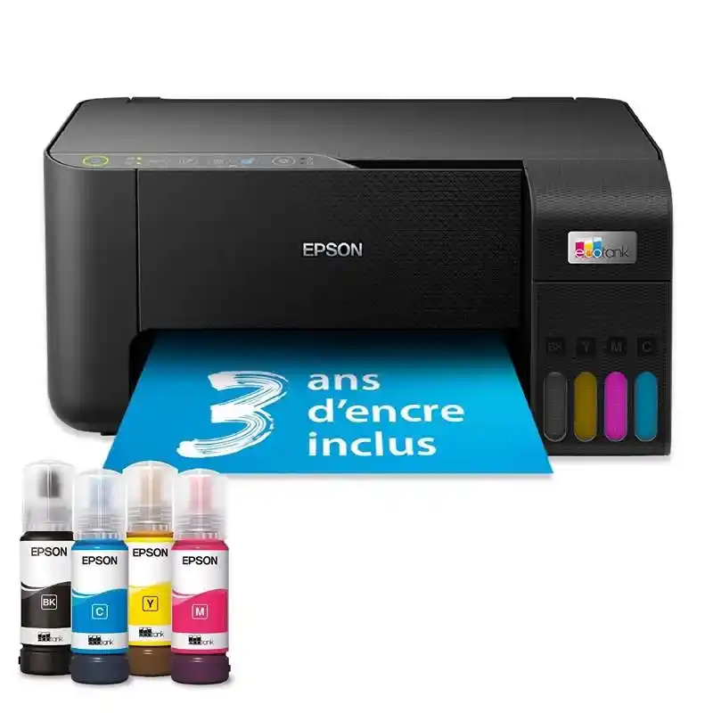 Epson ET-2860 imprimante multifonction A4 Wi-Fi EcoTank équipée de réservoirs d’encre.