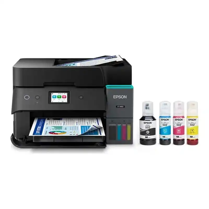 Epson ET-4950 solution d’impression A4 Wi-Fi EcoTank équipée de réservoirs d’encre.