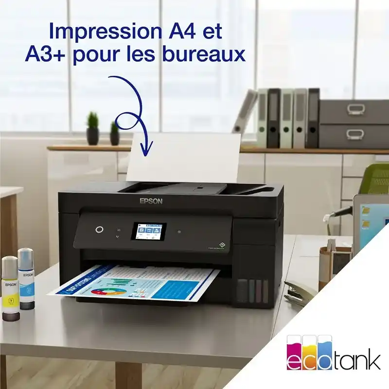 Epson ET-15000 imprimante multifonction A3+ wi-fi ecotank équipée de réservoirs d’encre.