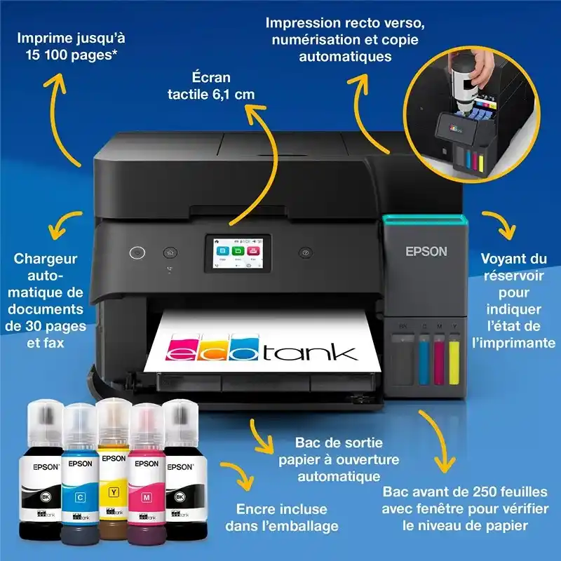 Epson ET-4955 solution d’impression A4 Wi-Fi Ecotank équipée de réservoirs d’encre rapide.