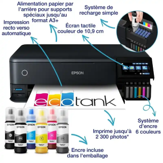 Epson ET-8550 imprimante photo A3+Ecotank avec réservoirs d’encre et Wi-Fi haute capacité.