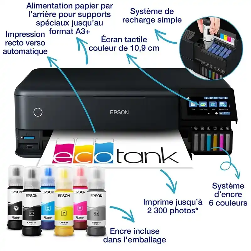 Epson ET-8550 imprimante photo A3+Ecotank avec réservoirs d’encre et Wi-Fi haute capacité.