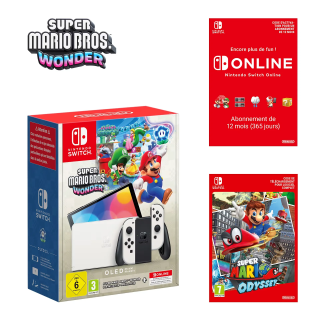 Nintendo Switch Pack OLED (blanc) + Super Mario Bros. Wonder + abonnement individuel de 12 mois + Super Mario Odyssey