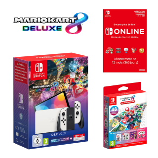 Nintendo Switch OLED (blanc) + Mario Kart 8 Deluxe + abonnement individuel de 12 mois (365 jours) + Set Mario Kart 8 Deluxe