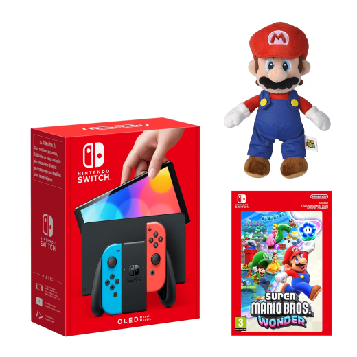 Nintendo Switch Pack OLED Super Mario Bros. Wonder + peluche Mario - Console avec manette Joy-Con droite et gauche grise